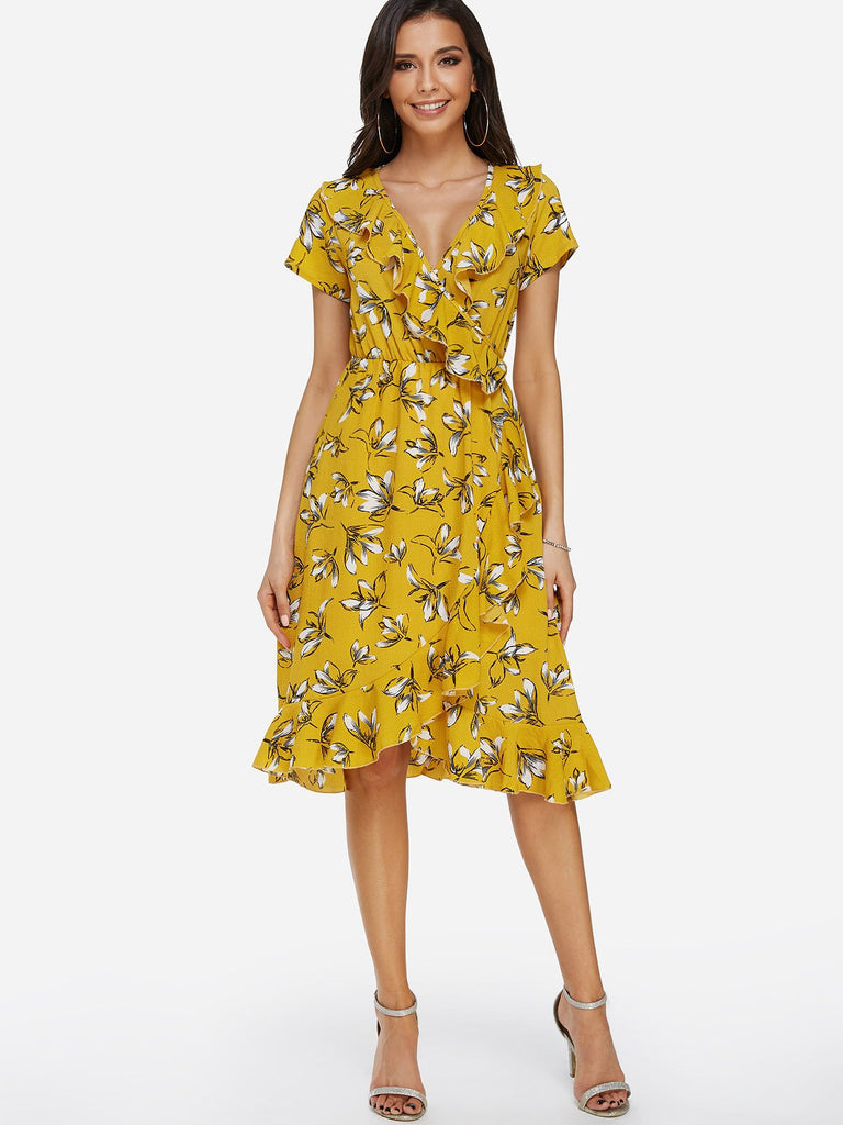 Yellow V-Neck Short Sleeve Floral Print Wrap Flounced Hem Dresses