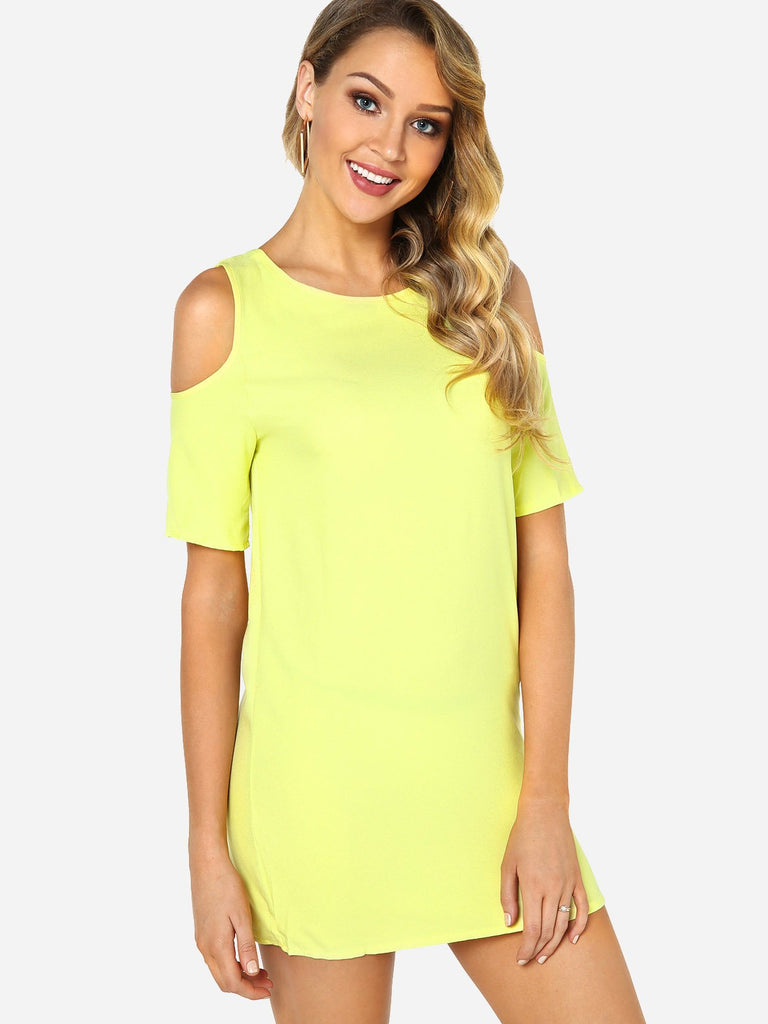 Yellow Round Neck Cold Shoulder Short Sleeve Plain Mini Dresses