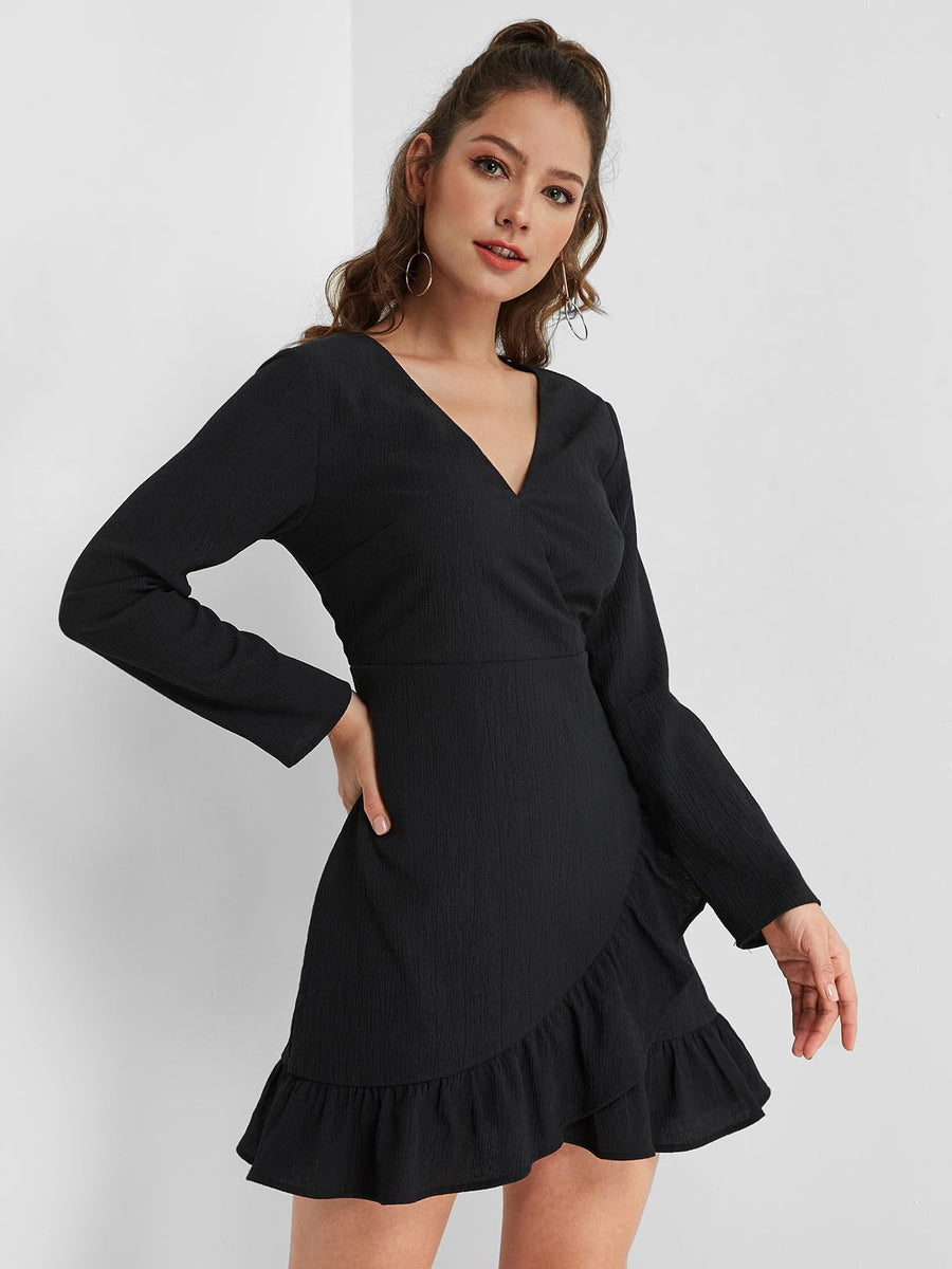40's Black Quarter Length Sleeved Wrap Styled Dress with Deep V-Neck