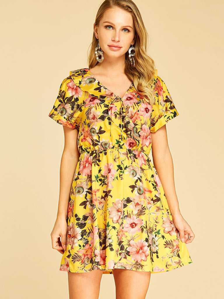 Yellow V-Neck Short Sleeve Floral Print Self-Tie Wrap Dresses