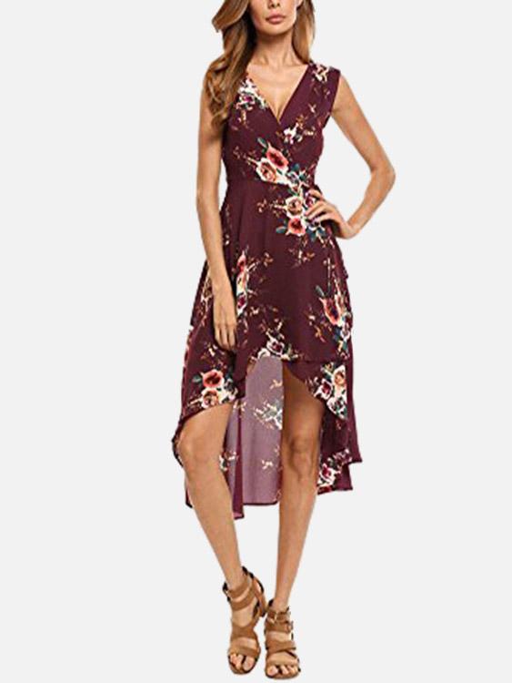 Burgundy V-Neck Sleeveless Floral Print Wrap Irregular Hem Dresses