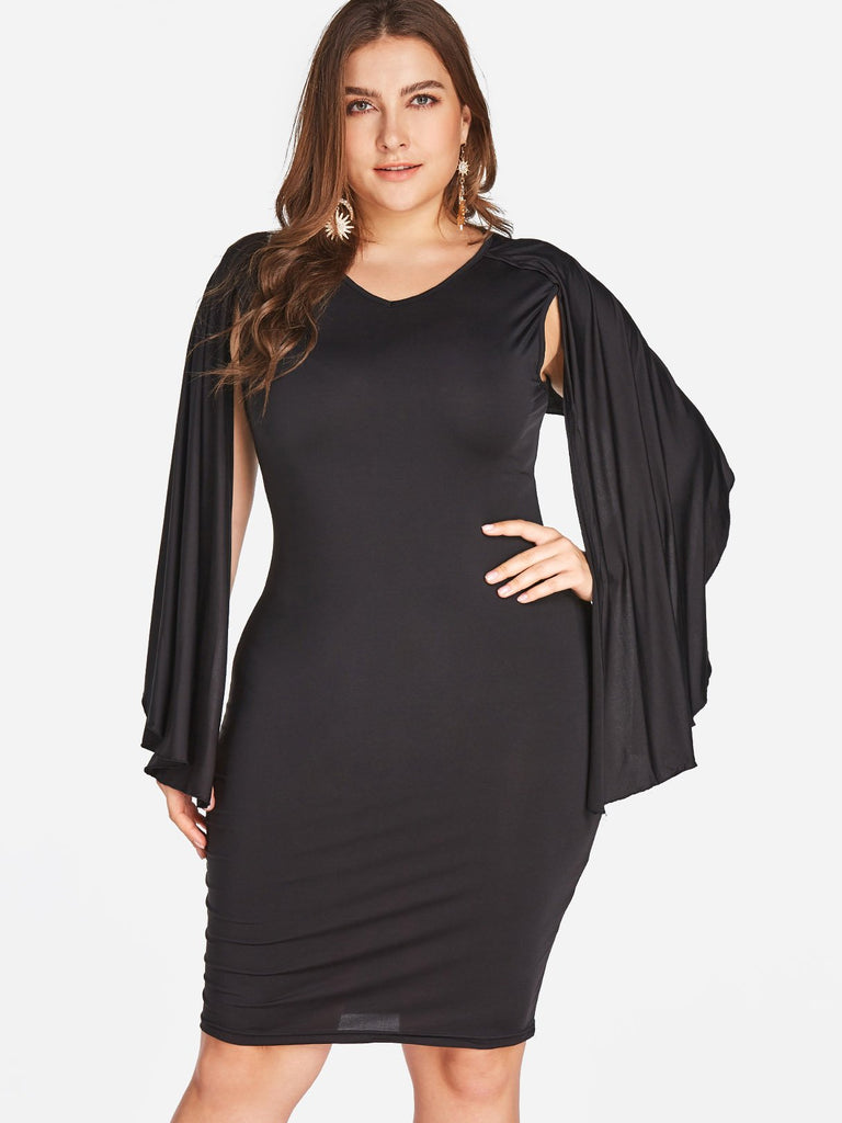 V-Neck Long Sleeve Bodycon Black Plus Size Dress