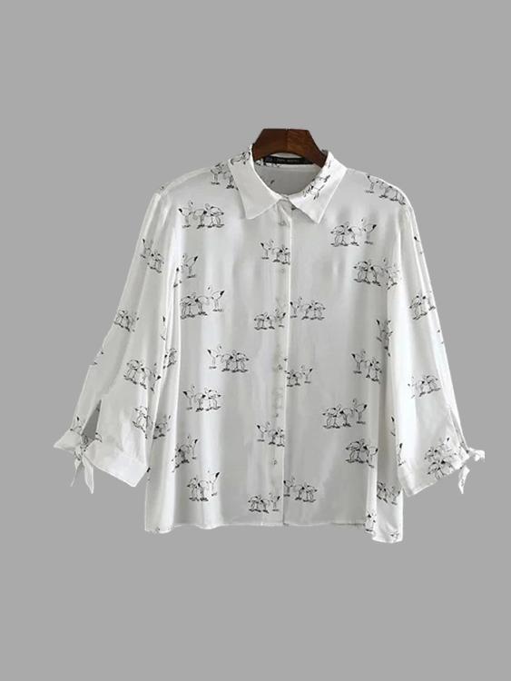 Crane Print Pointed Collar 3/4 Length Sleeve Shirt