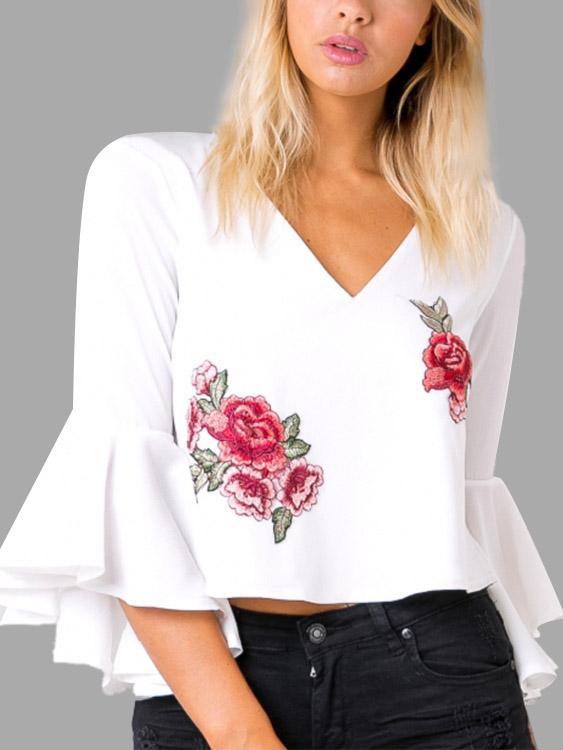 V-Neck Embroidered Cut Out 3/4 Sleeve White Top