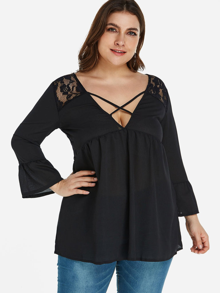 V-Neck Plain Lace Long Sleeve Black Plus Size Tops