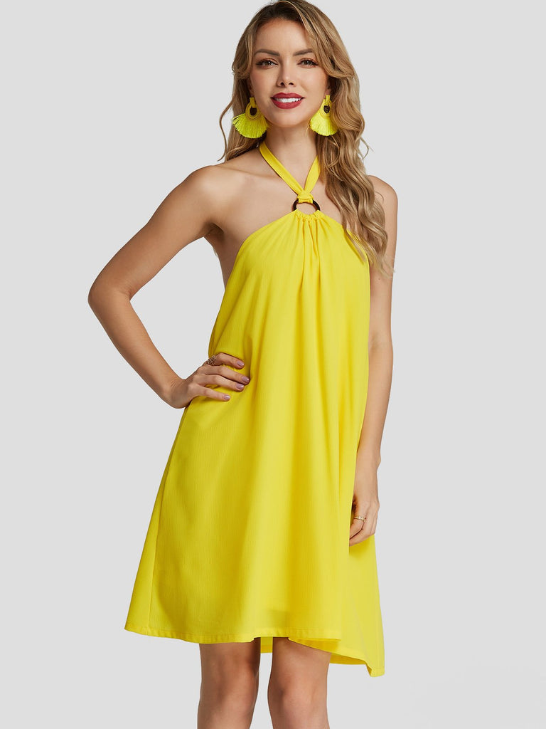 Yellow Halter Strapless Sleeveless Plain Backless Chiffon Dress