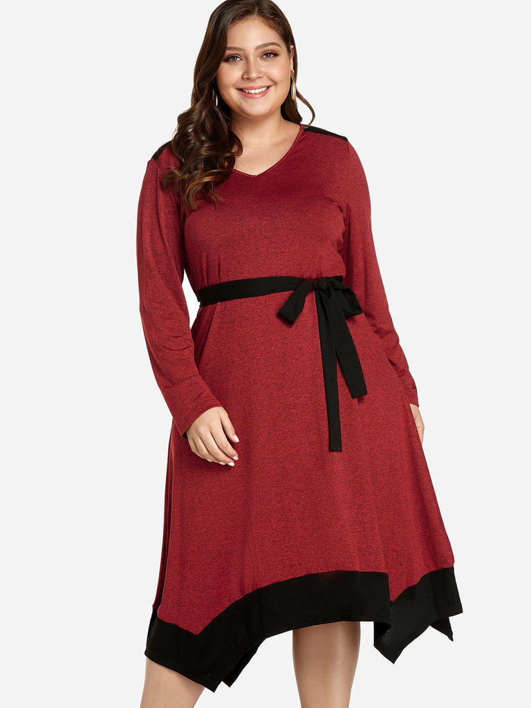 V-Neck Plain Self-Tie Long Sleeve Handkerchief Hem Red Plus Size Dress