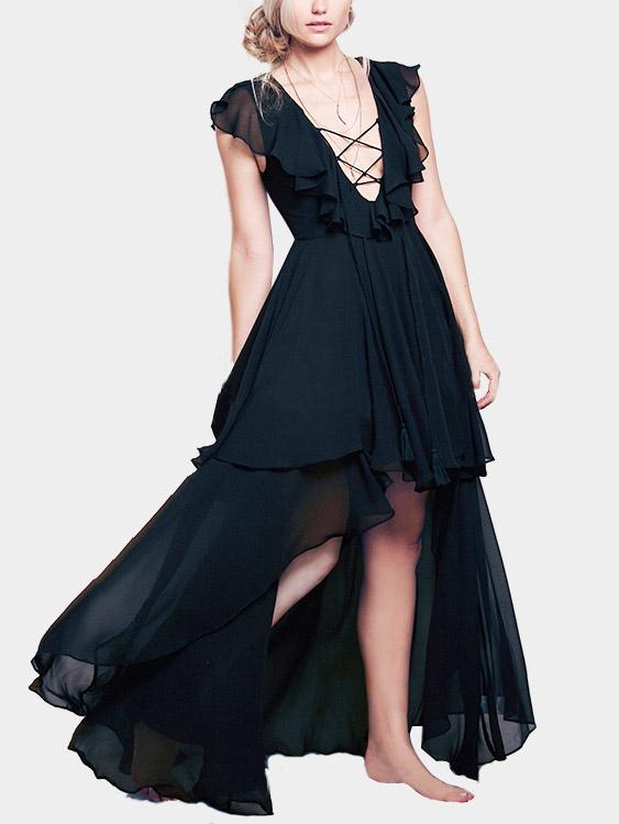 V-Neck Irregular Hem Black High Waist Maxi Dress