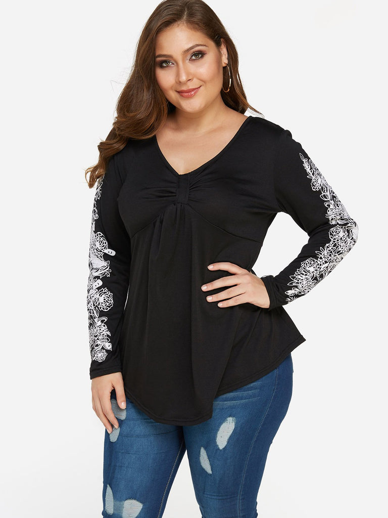 V-Neck Embroidered Pleated Long Sleeve Black Plus Size Tops