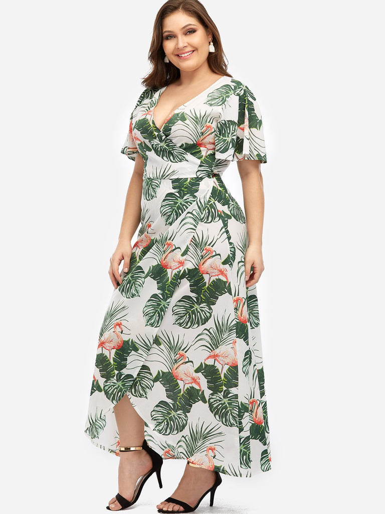 V-Neck Floral Print Self-Tie Short Sleeve Curved Hem Green Plus Size Maxi Dresses