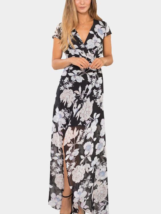 V-Neck Half Sleeve Floral Print Wrap Slit Hem Maxi Dress