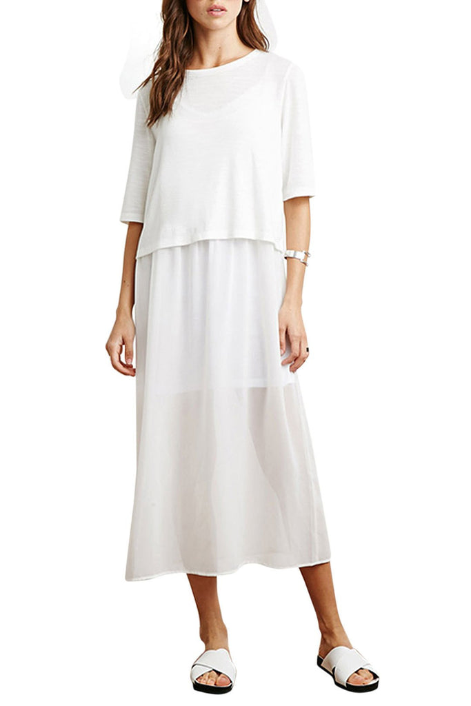White Short Sleeve Chiffon Dress