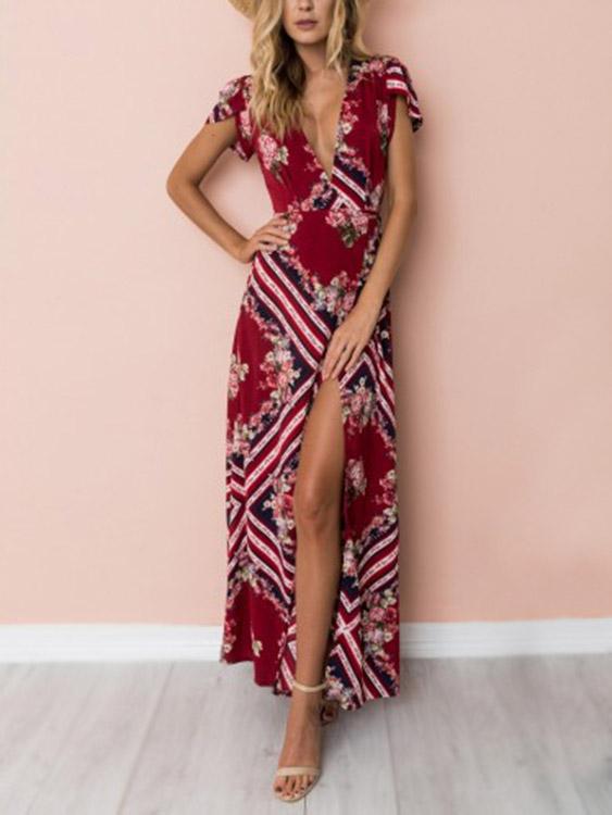 Red Deep V-Neck Short Sleeve Floral Print Crossed Front Slit Maxi Dresses