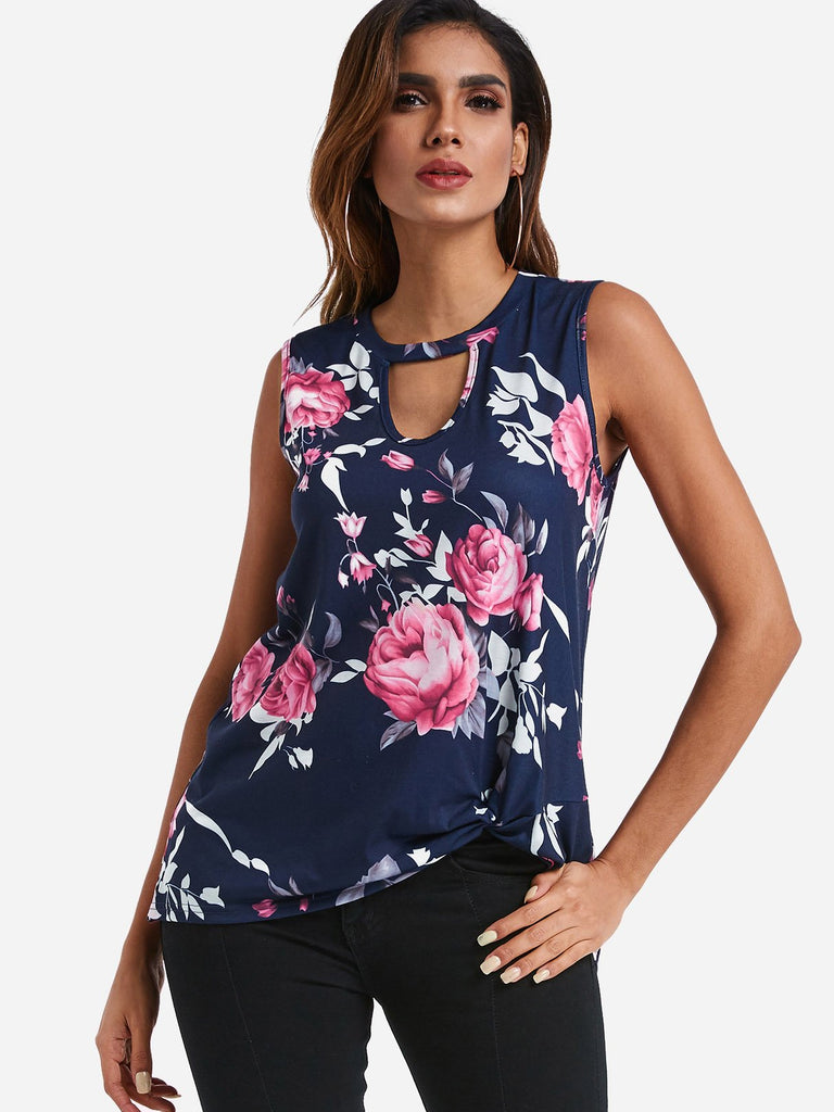 Crew Neck Floral Print Cut Out Navy Tank Top