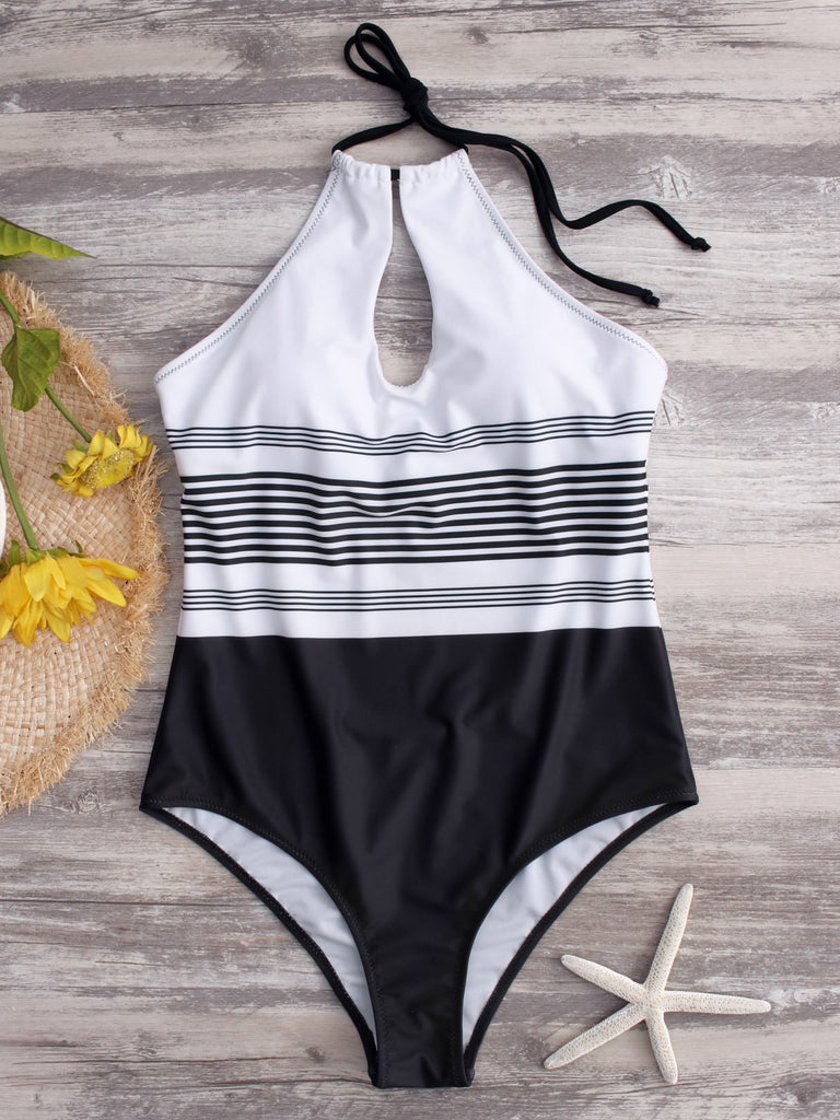 White Halter Sleeveless Stripe Backless Hollow One-Pieces Swimwears