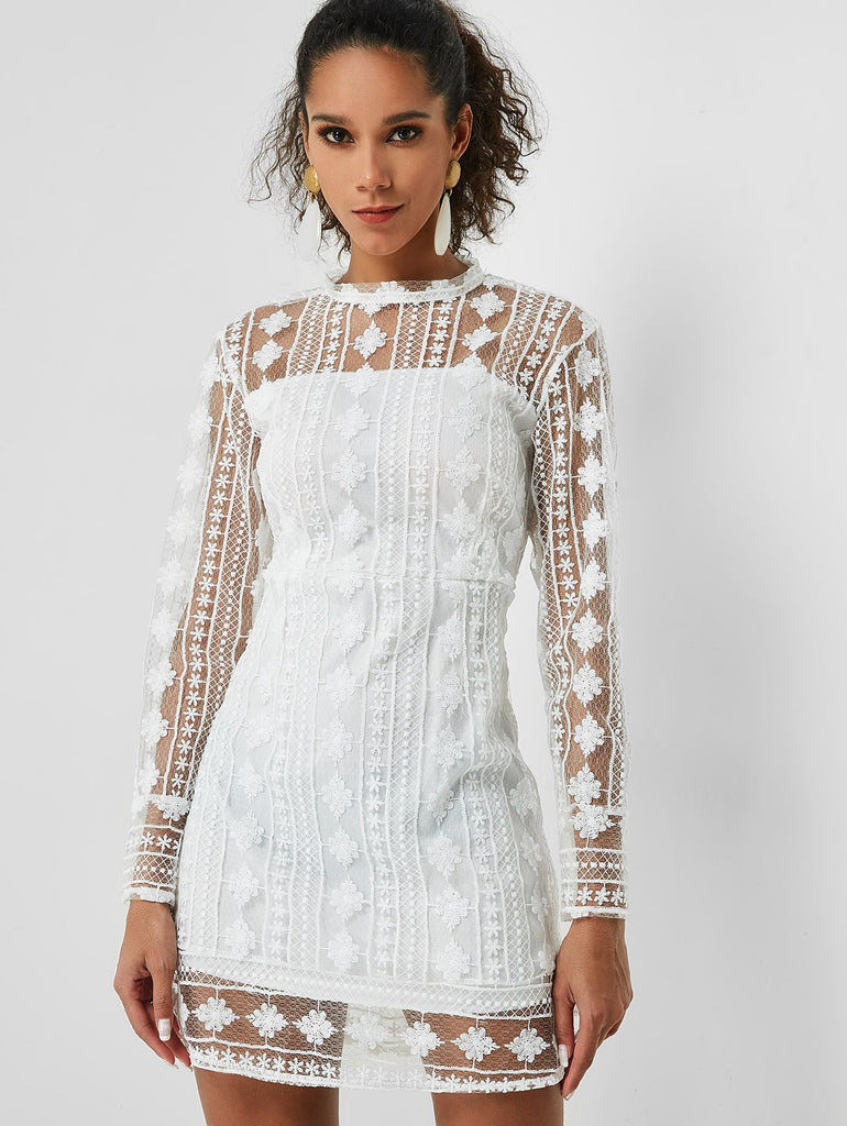 White Long Sleeve Plain Crochet Lace Embellished Zip Back Cut Out Casual Dresses