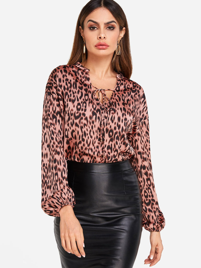 V-Neck Leopard Self-Tie Long Sleeve Pink Blouses