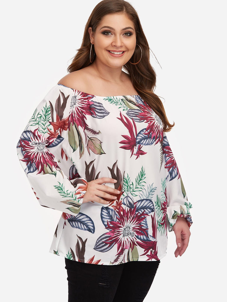Off The Shoulder Long Sleeve Plus Size Tops