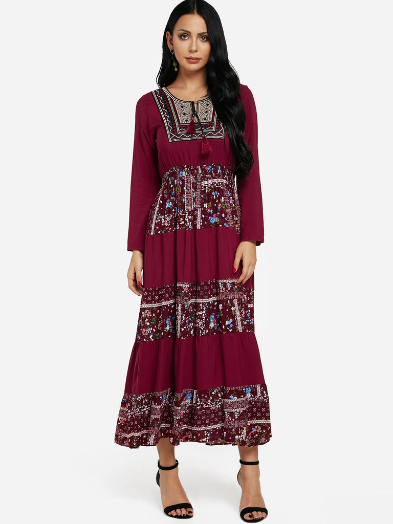 Round Neck Long Sleeve Tribal Print Tassel Lace-Up Flounced Hem Burgundy Maxi Dress