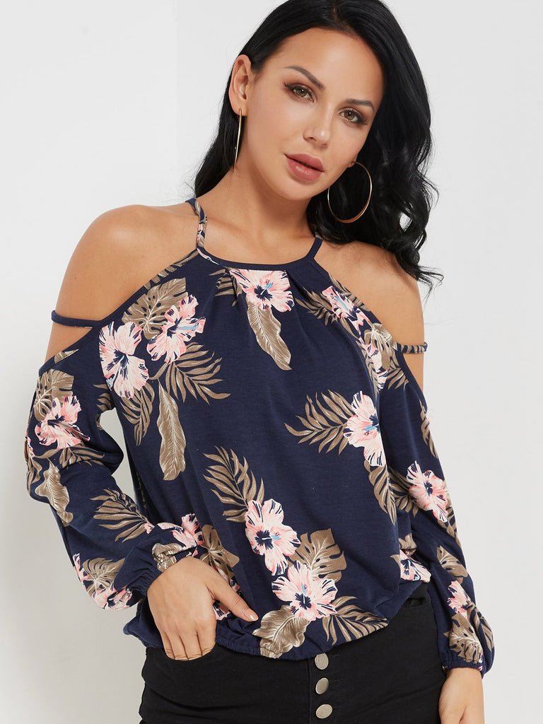 Cold Shoulder Floral Print Cut Out Long Sleeve Navy Top