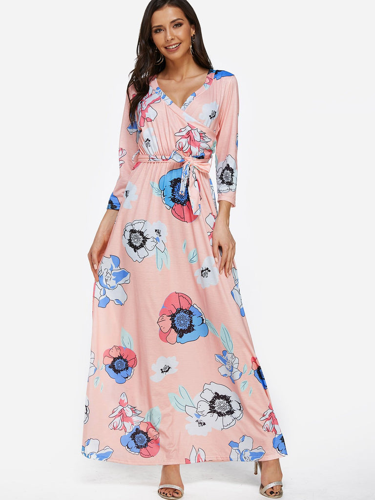 Pink V-Neck Long Sleeve Floral Print Self-Tie Wrap Maxi Dress