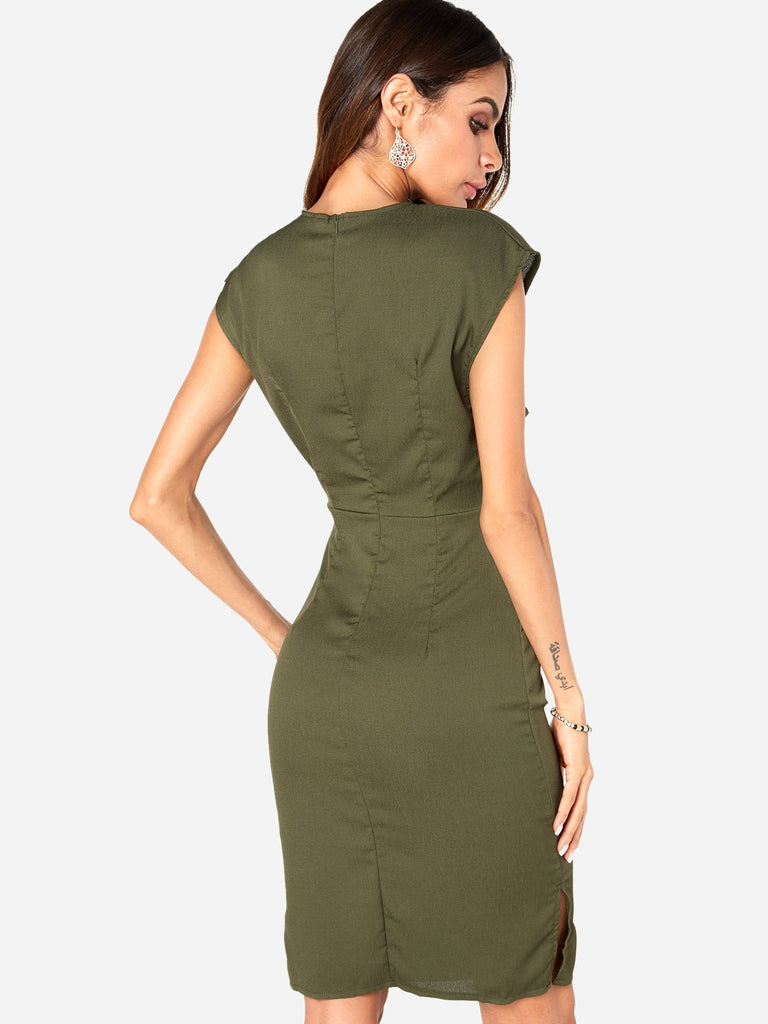 Womens Army Green V-Neck Dresses