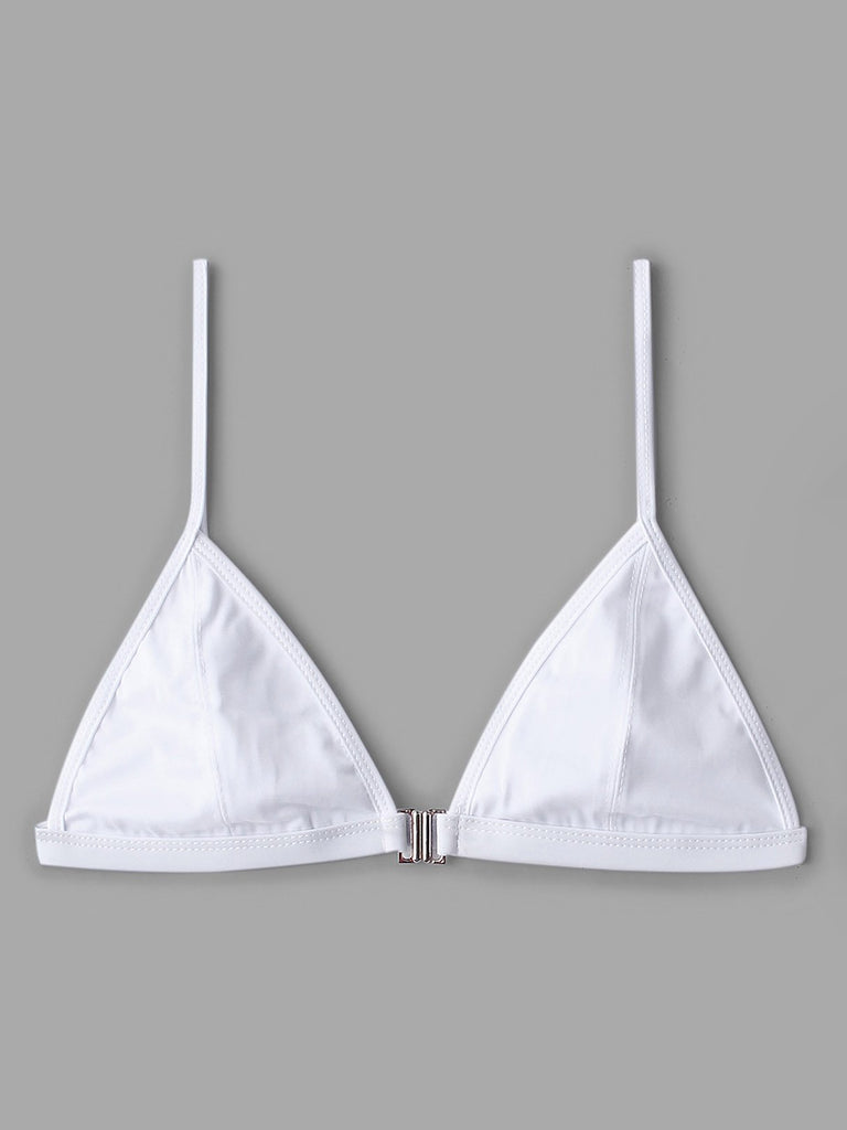 White V-Neck Sleeveless Plain Backless Bikini Top
