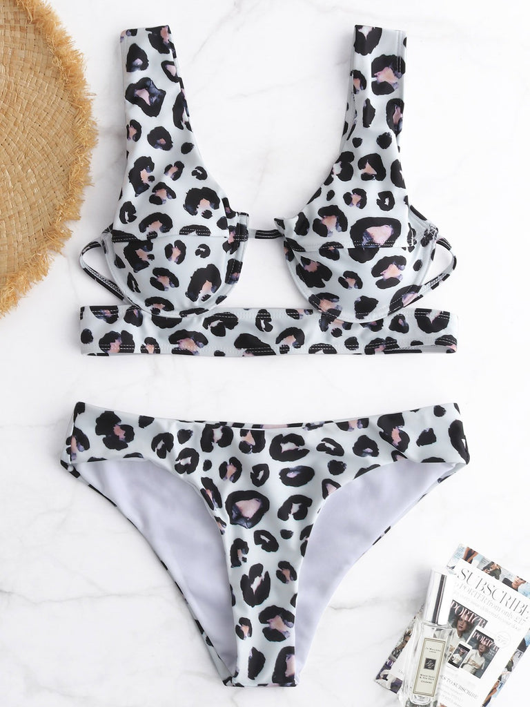 V-Neck Sleeveless Leopard Two Piece Bikinis