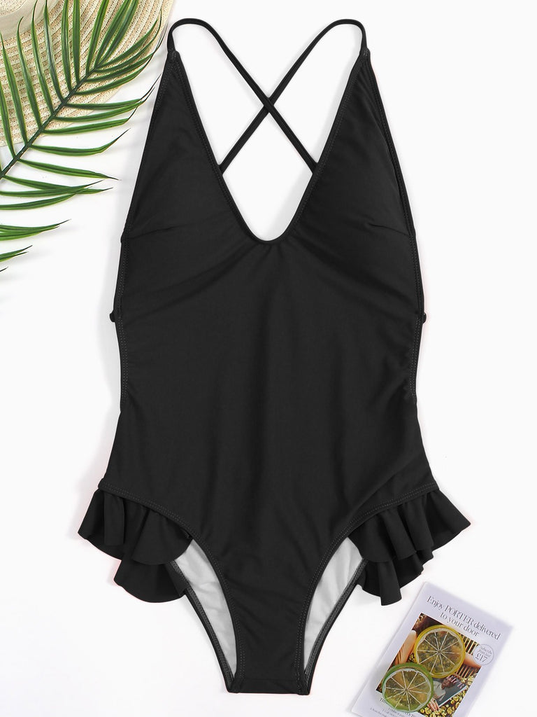 Black Halter Sleeveless Plain Backless Flounced Hem One-Pieces Swimwears