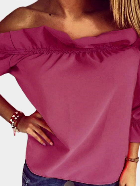 Off The Shoulder Pleated 3/4 Sleeve Bodycon Hem Red T-Shirts