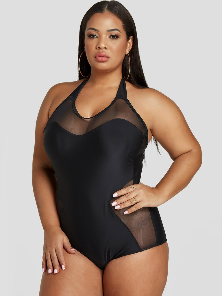 Halter Plain Self-Tie Sleeveless Black Plus Size Swimwear