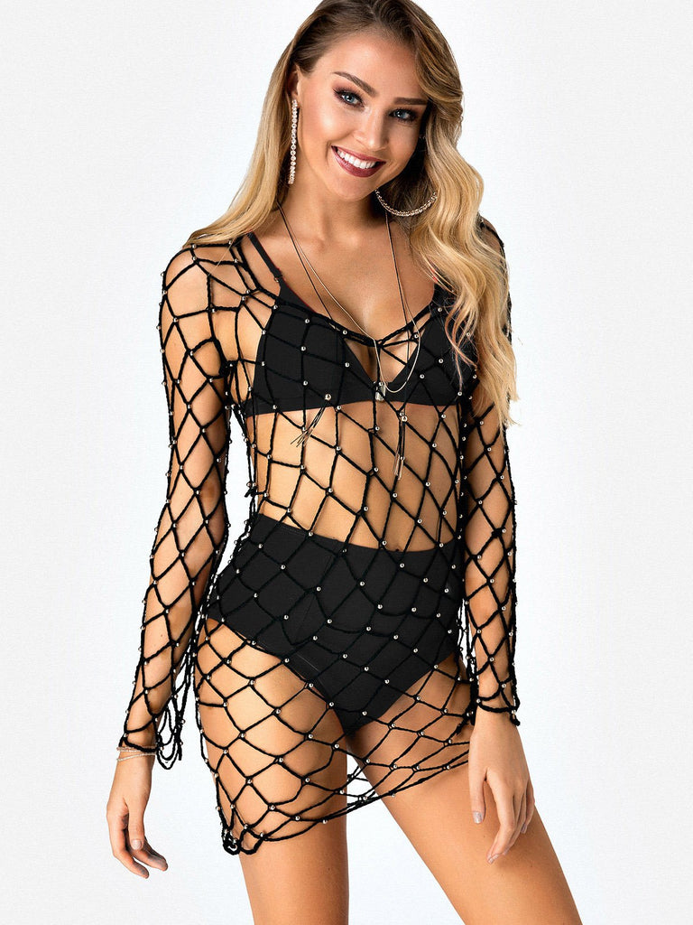 Scoop Neck Long Sleeve Plain Backless Lace-Up Fishnet Cover Ups Swimwear
