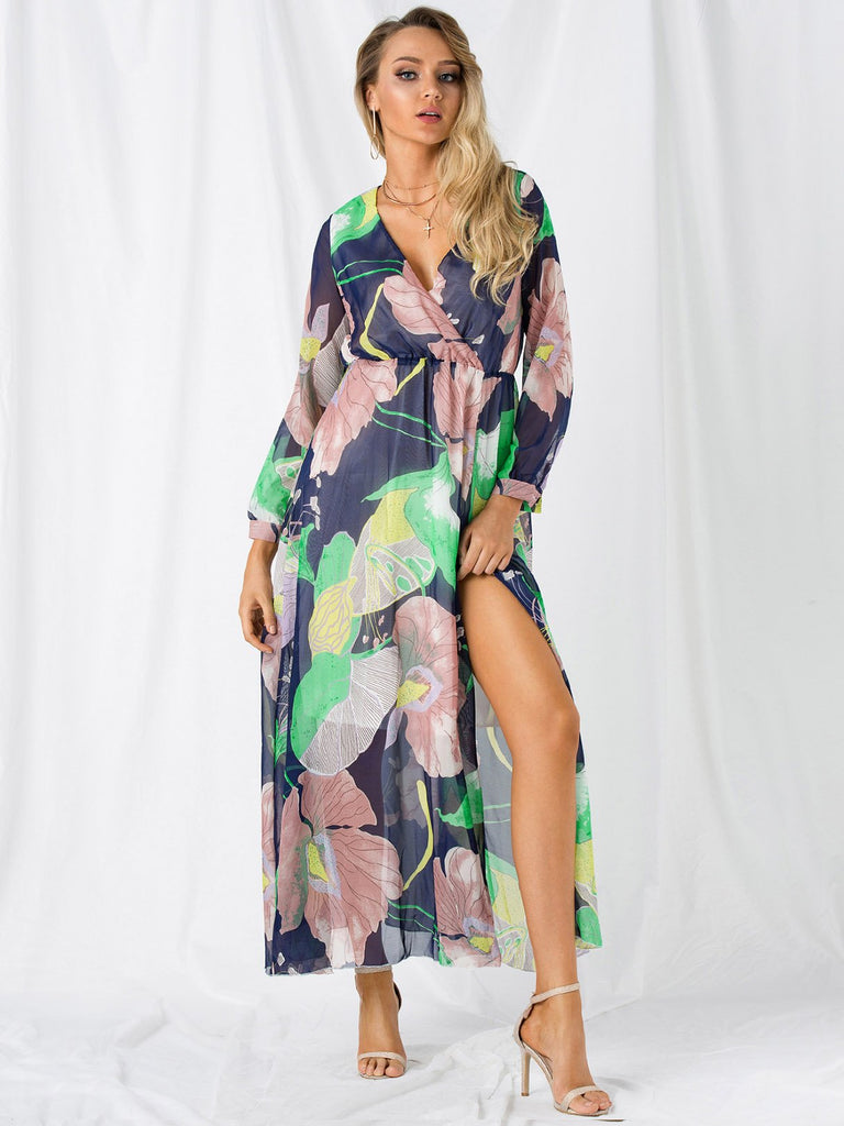 V-Neck Long Sleeve Floral Print Slit Hem Maxi Dresses