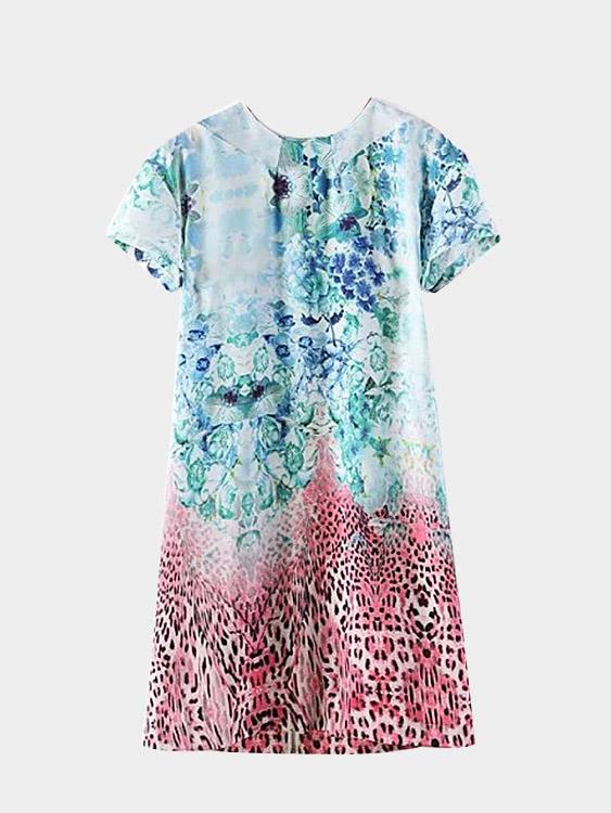 Crew Neck Short Sleeve Leopard Floral Print Zip Back Mini Dress