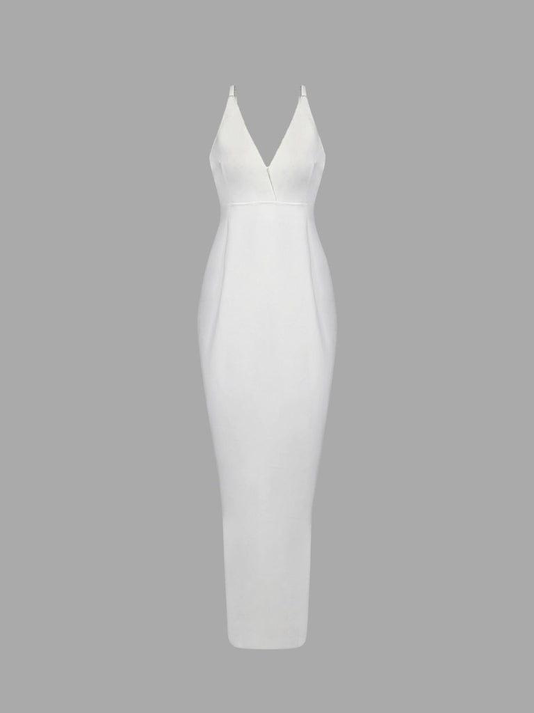 White V-Neck Sleeveless Backless Slit Hem Maxi Dresses