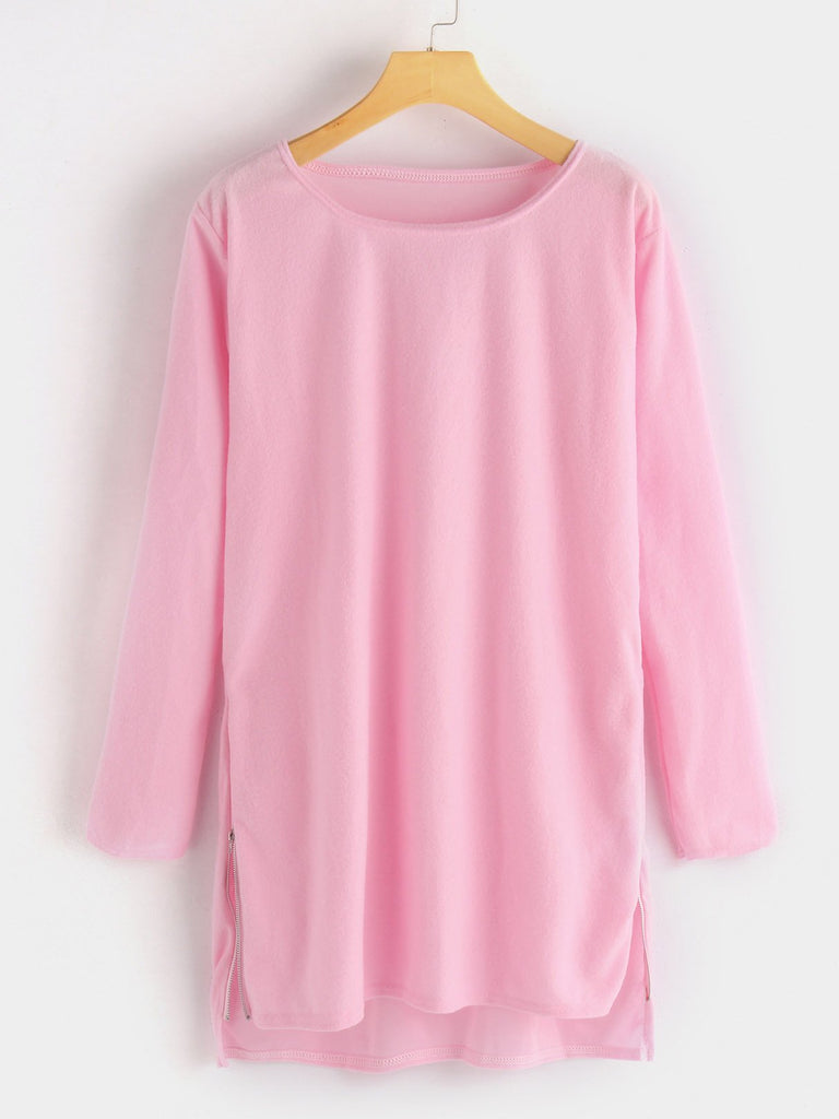Pink Round Neck Long Sleeve Zip Back Slit Hem Shirt Dress
