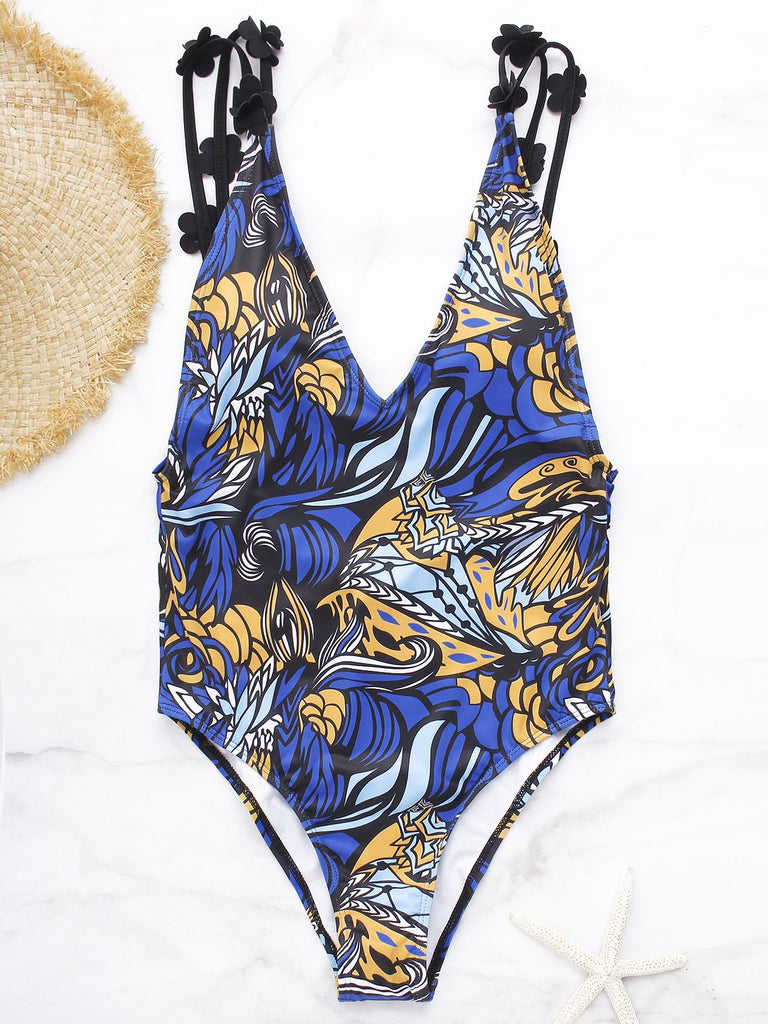 Blue V-Neck Sleeveless One-Pieces Swimsuits