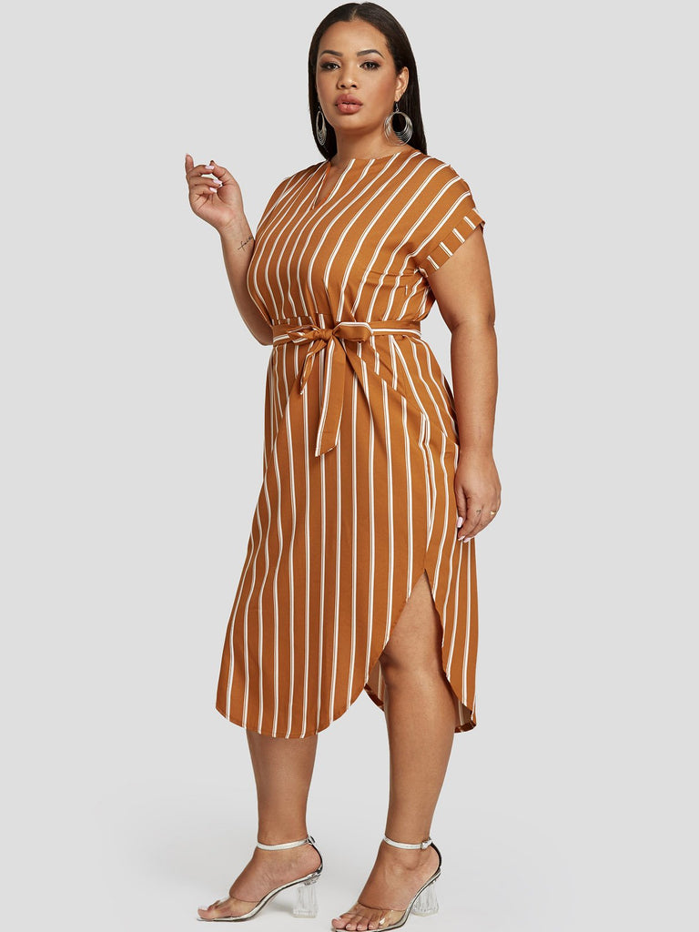 V-Neck Stripe Belt Short Sleeve Plus Size Dress