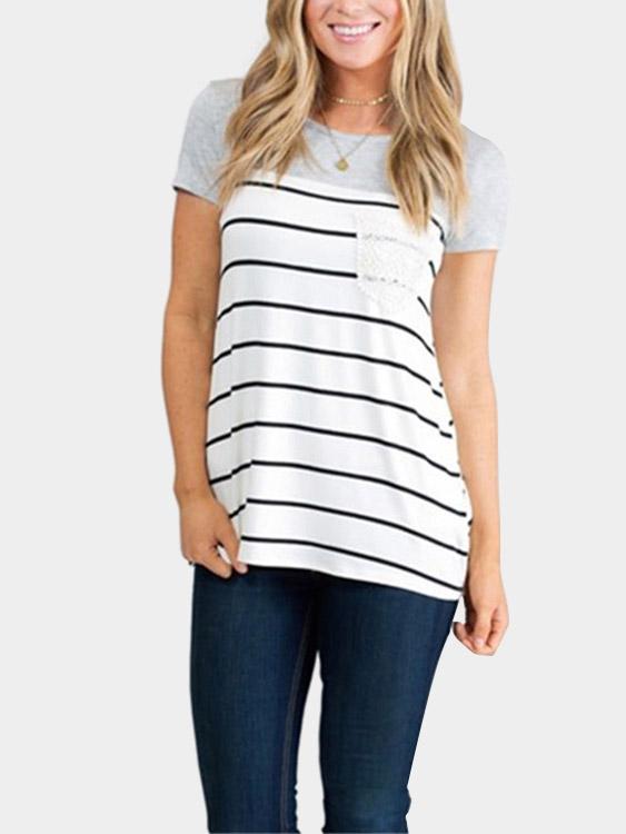 Round Neck Stripe Lace Short Sleeve Grey T-Shirts