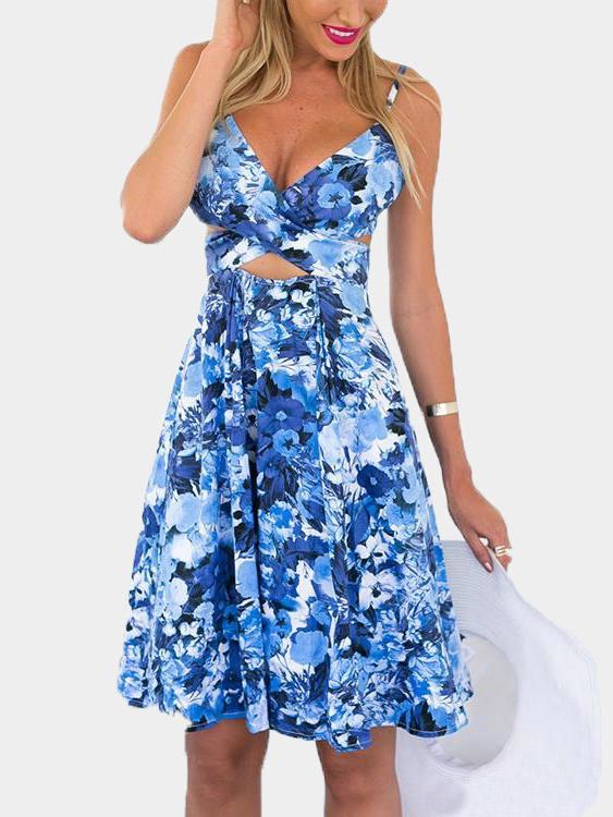 Blue V-Neck Sleeveless Floral Print Backless Spaghetti Strap Dresses