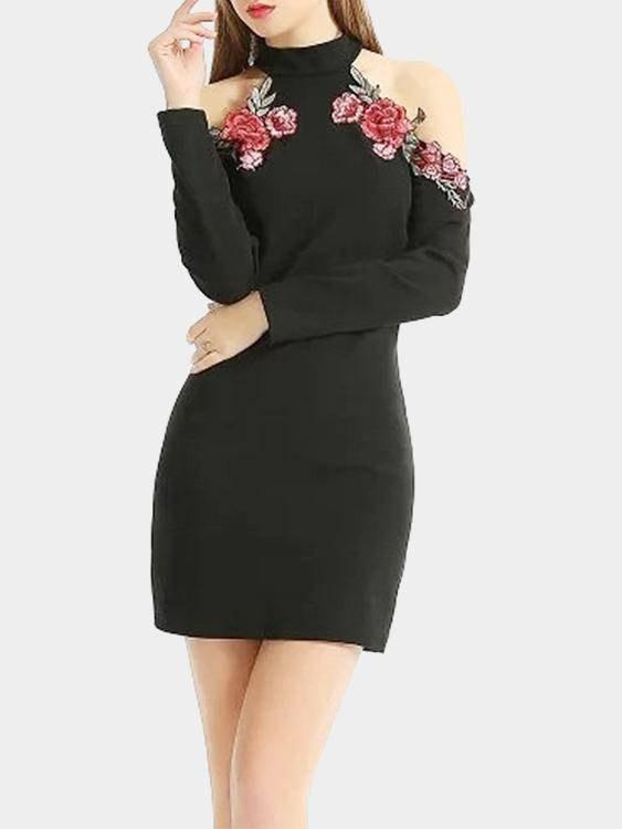 Black Cold Shoulder Long Sleeve Embroidered Zip Back Mini Dress