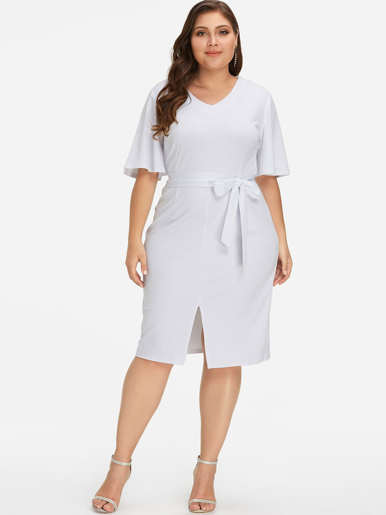 V-Neck Plain Self-Tie Half Sleeve Slit Hem White Plus Size Dress