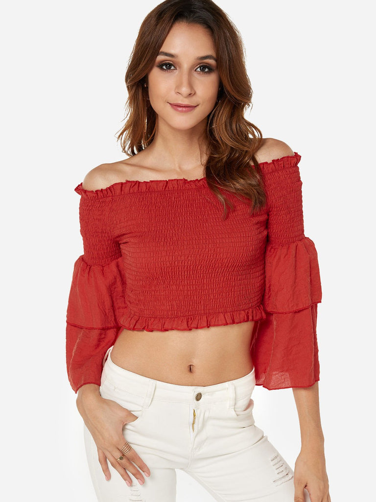 Off The Shoulder Plain Tiered 3/4 Sleeve Ruffle Hem Red Blouses