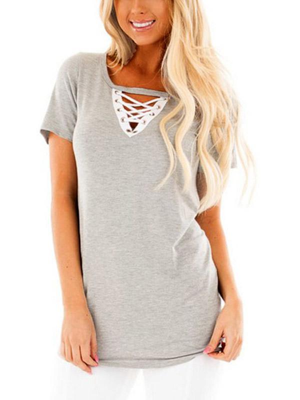 Causal V-Neck Lace-Up T-Shirt 