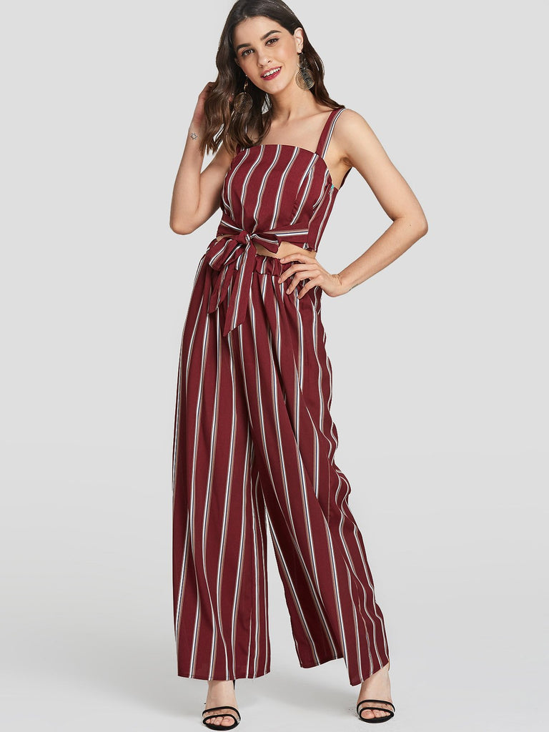 Square Neck Stripe Wide Leg Self-Tie Sleeveless Two Piece Outfits