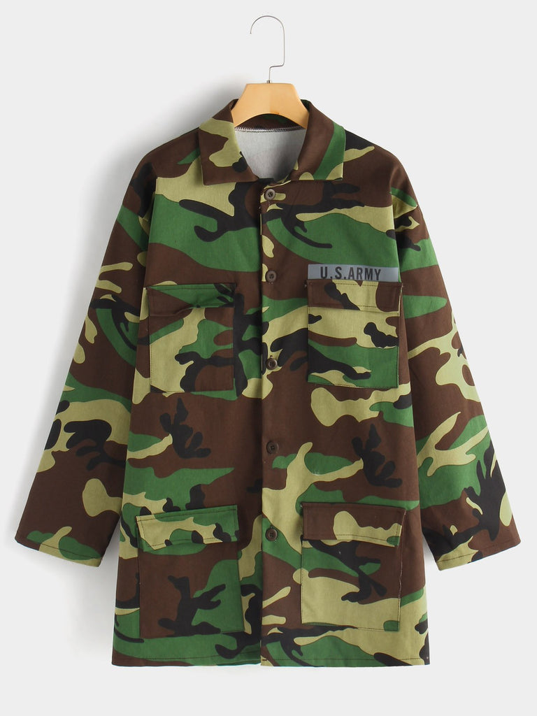 Classic Collar Camouflage Long Sleeve Camo Plus Size Coats & Jackets