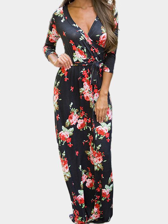 V-Neck 3/4 Sleeve Length Floral Print Crossed Front Maxi Dress