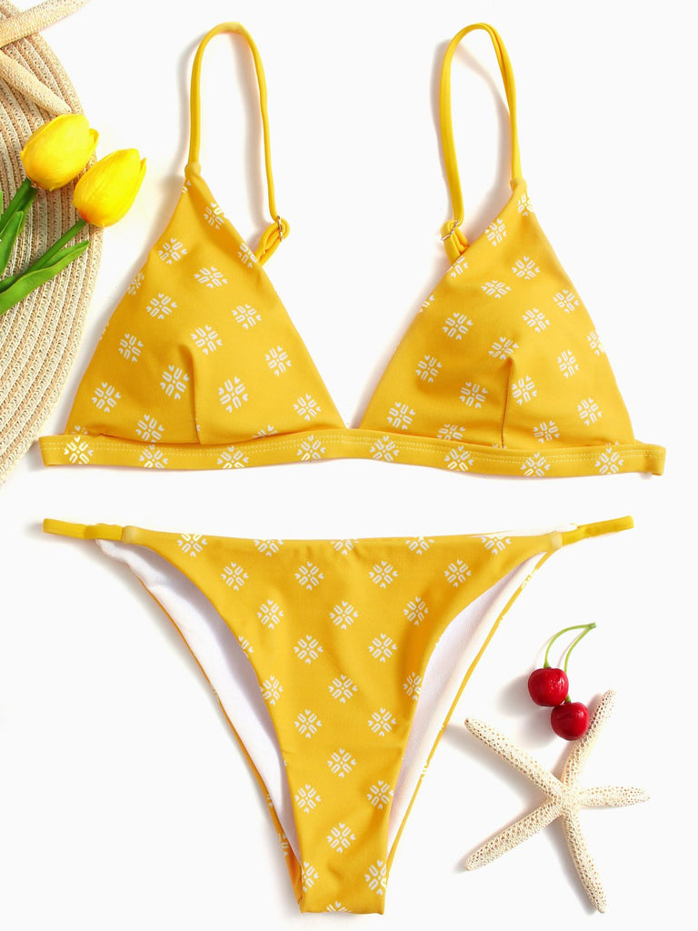 Yellow V-Neck Sleeveless Geometrical Bikinis