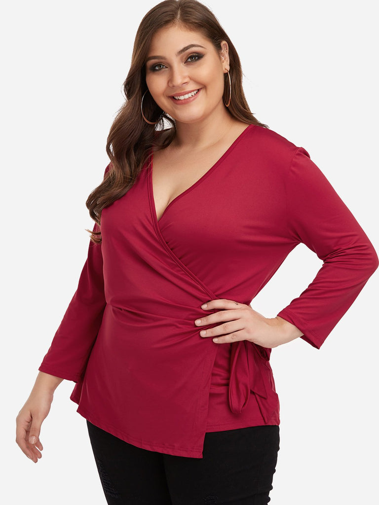 V-Neck Plain Self-Tie Wrap Long Sleeve Red Plus Size Tops