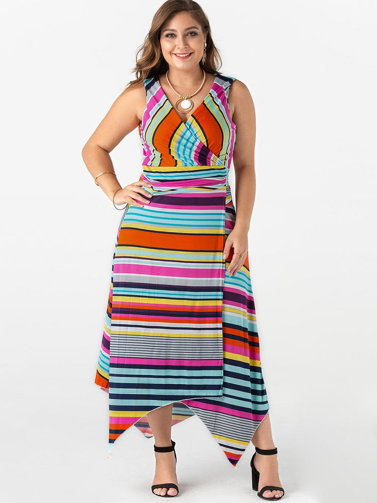 V-Neck Stripe Lace-Up Sleeveless Irregular Hem Plus Size Maxi Dress